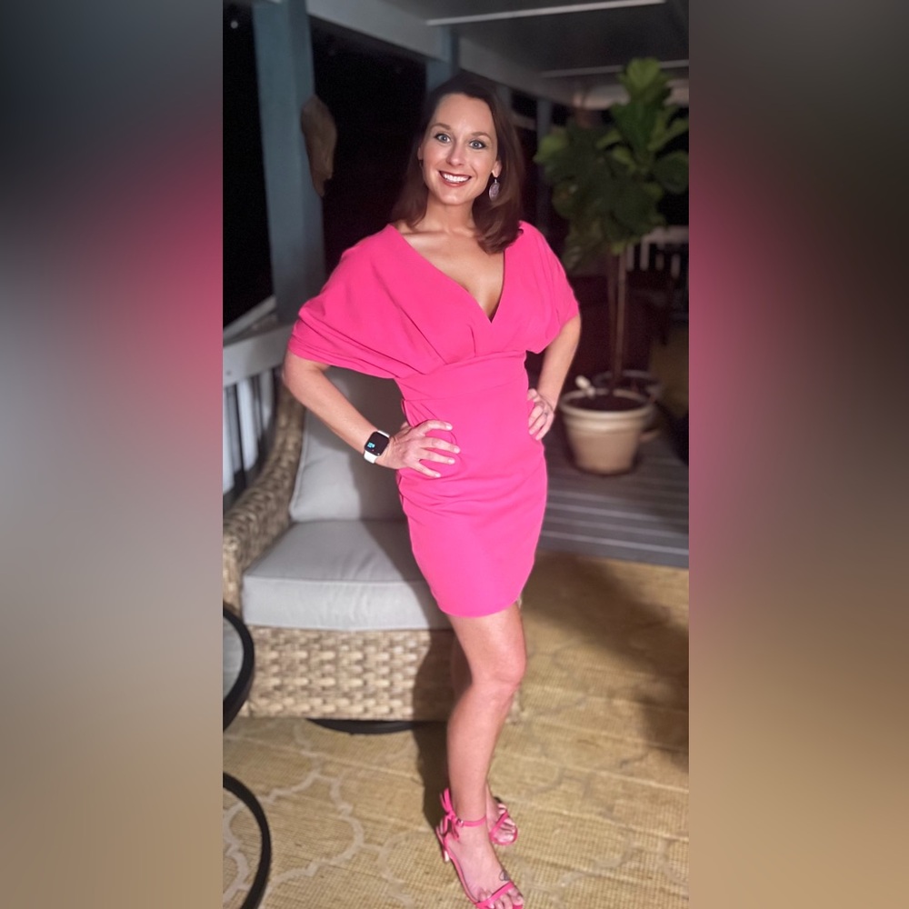 V neck short pink party dress